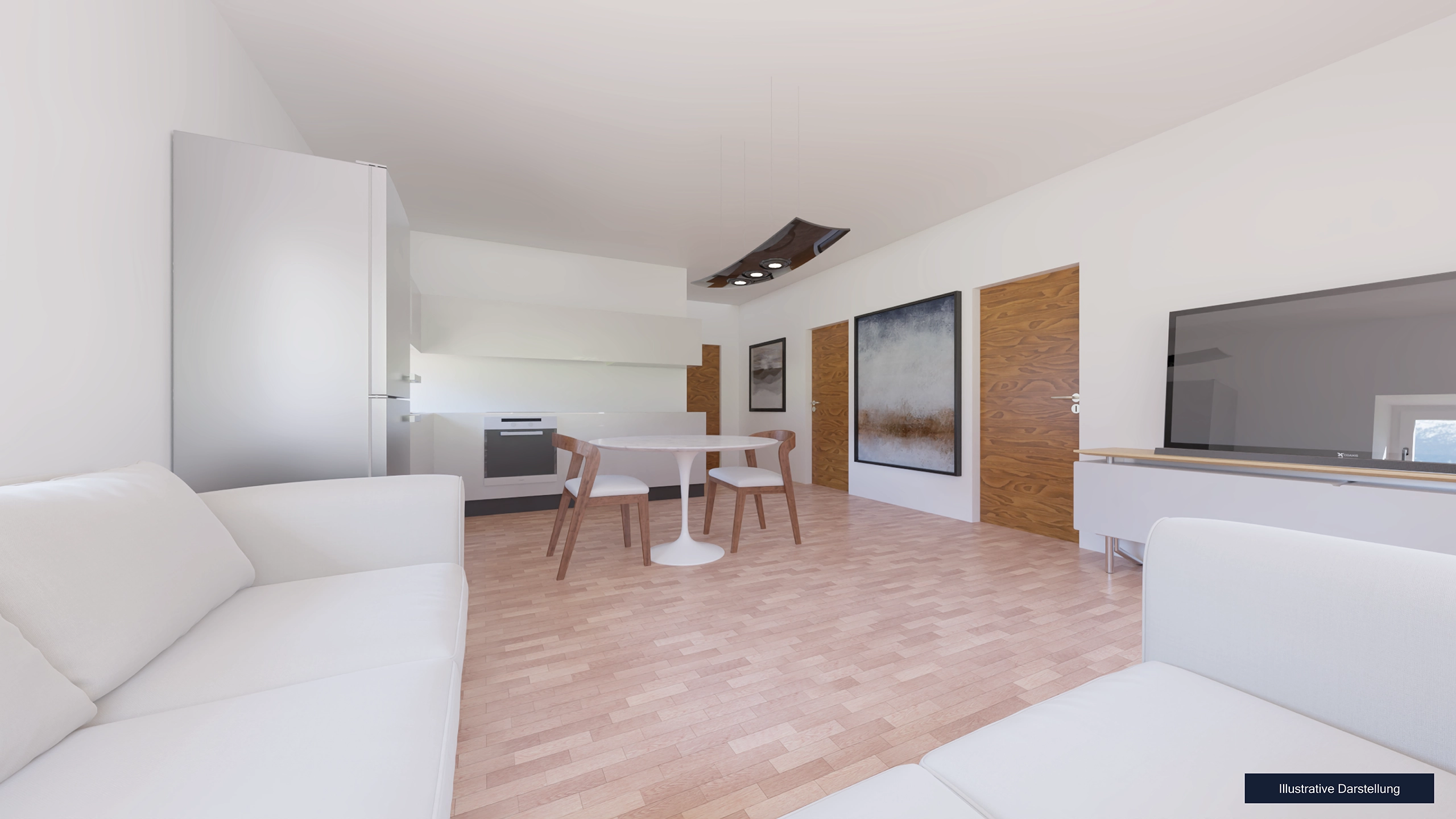 Visualisierung Innenansicht Küche und Wohnzimmer 3.5 Zimmer Wohnung in Hauptstrasse 66, 5736 Burg