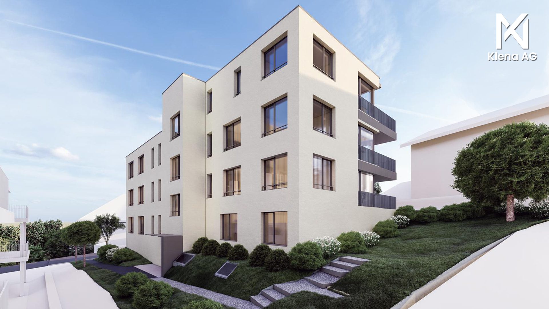 Seitliche Aussen-Visualisierung des MFH in Winkelstrasse (Reinach)