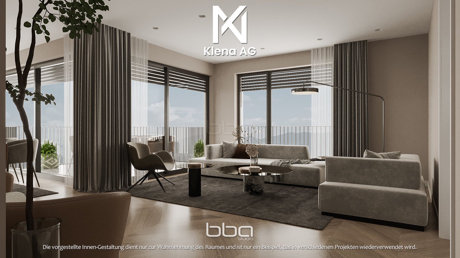 Seitliche Visualisierung einer Innenansicht des Wohnzimmers der 4.5 Zimmer Wohnung in Reinach