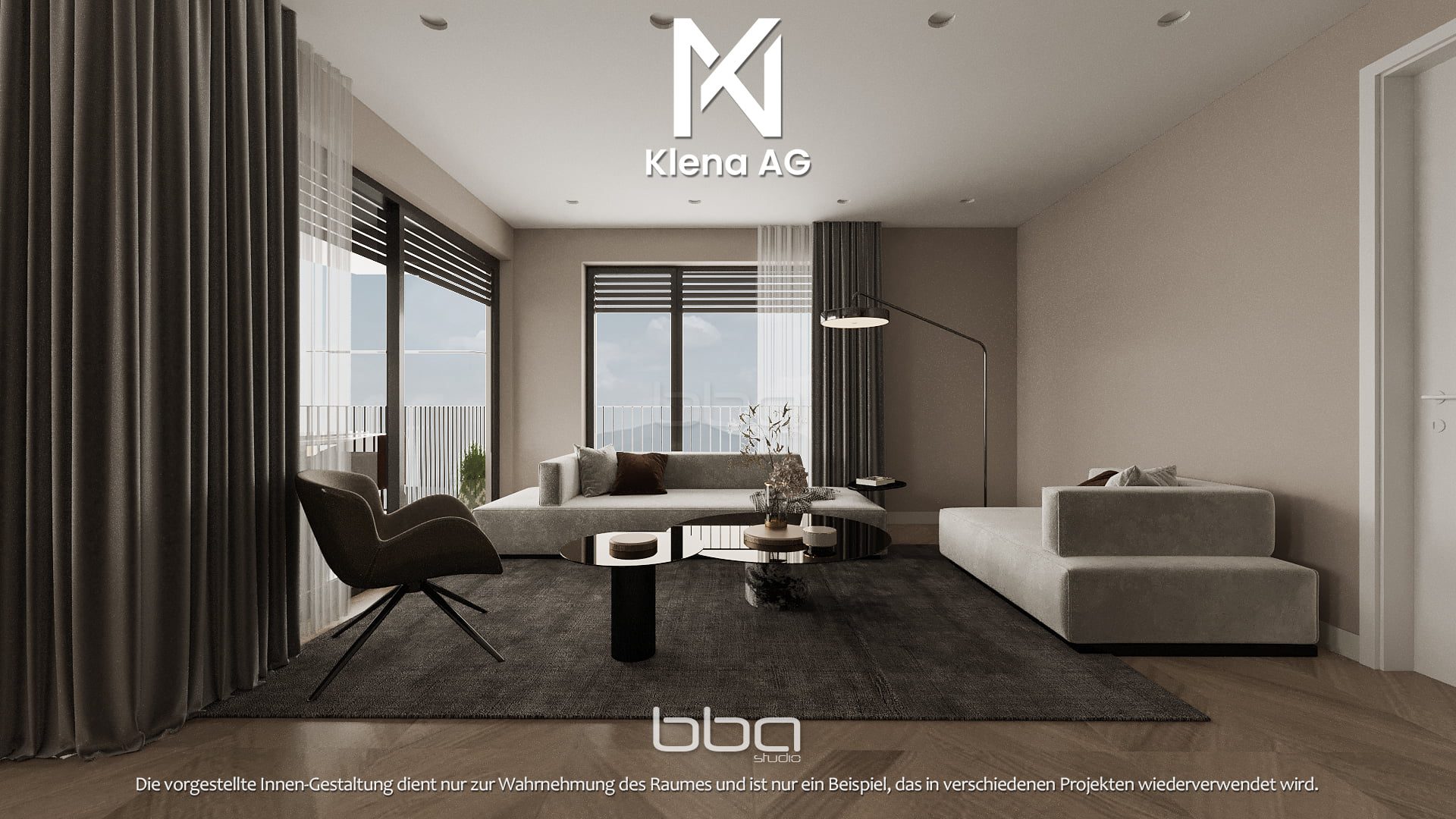 Frontale Visualisierung einer Innenansicht des Wohnzimmers der 4.5 Zimmer Wohnung in Reinach