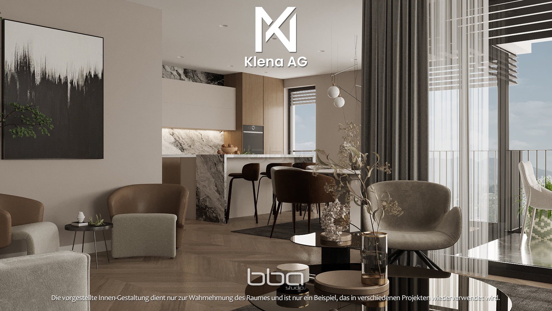 Seitliche Visualisierung einer Innenansicht der Küche der 4.5 Zimmer Wohnung in Reinach