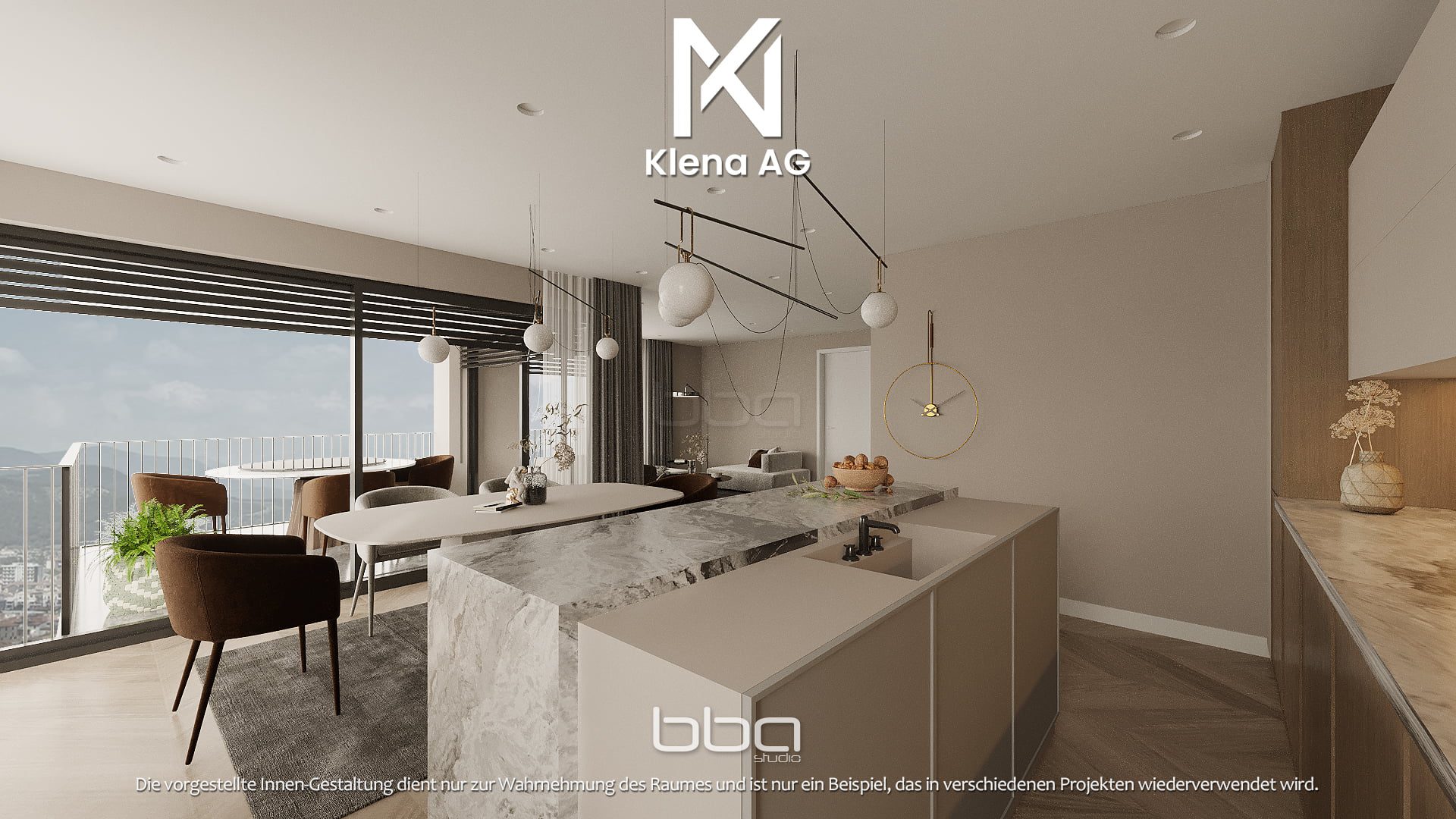 Hintere Visualisierung einer Innenansicht der Küche der 4.5 Zimmer Wohnung in Reinach