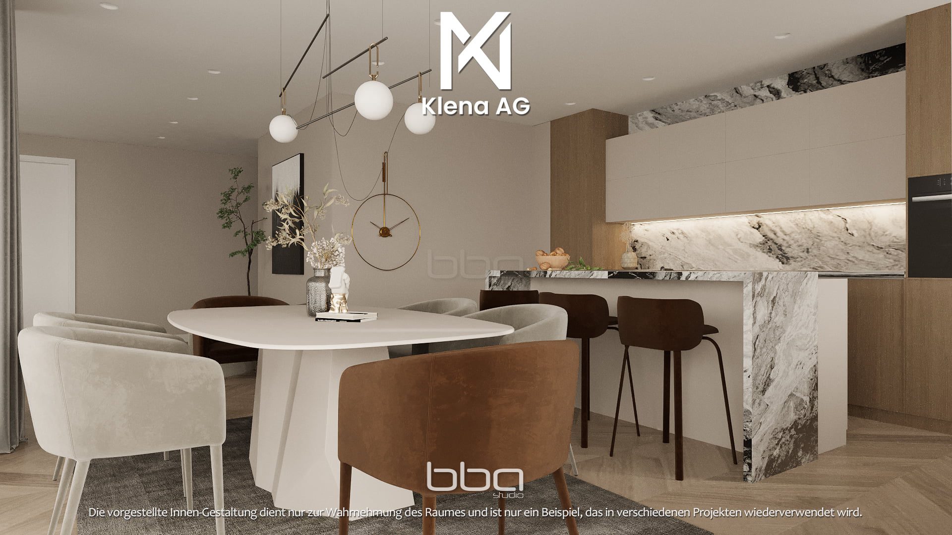 Frontale Visualisierung einer Innenansicht der Küche der 4.5 Zimmer Wohnung in Reinach