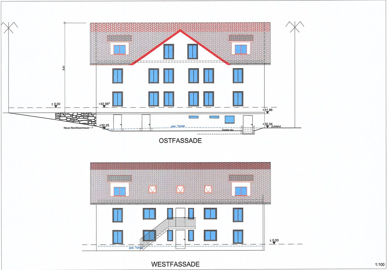 Plan Ost- und Westfassade Mehrfamilienhaus in Hauptstrasse 66, 5736 Burg