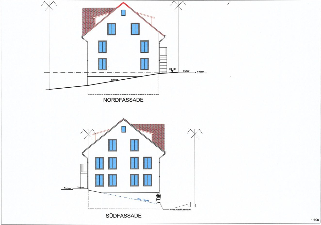 Plan Nord- und Südfassade Mehrfamilienhaus in Hauptstrasse 66, 5736 Burg