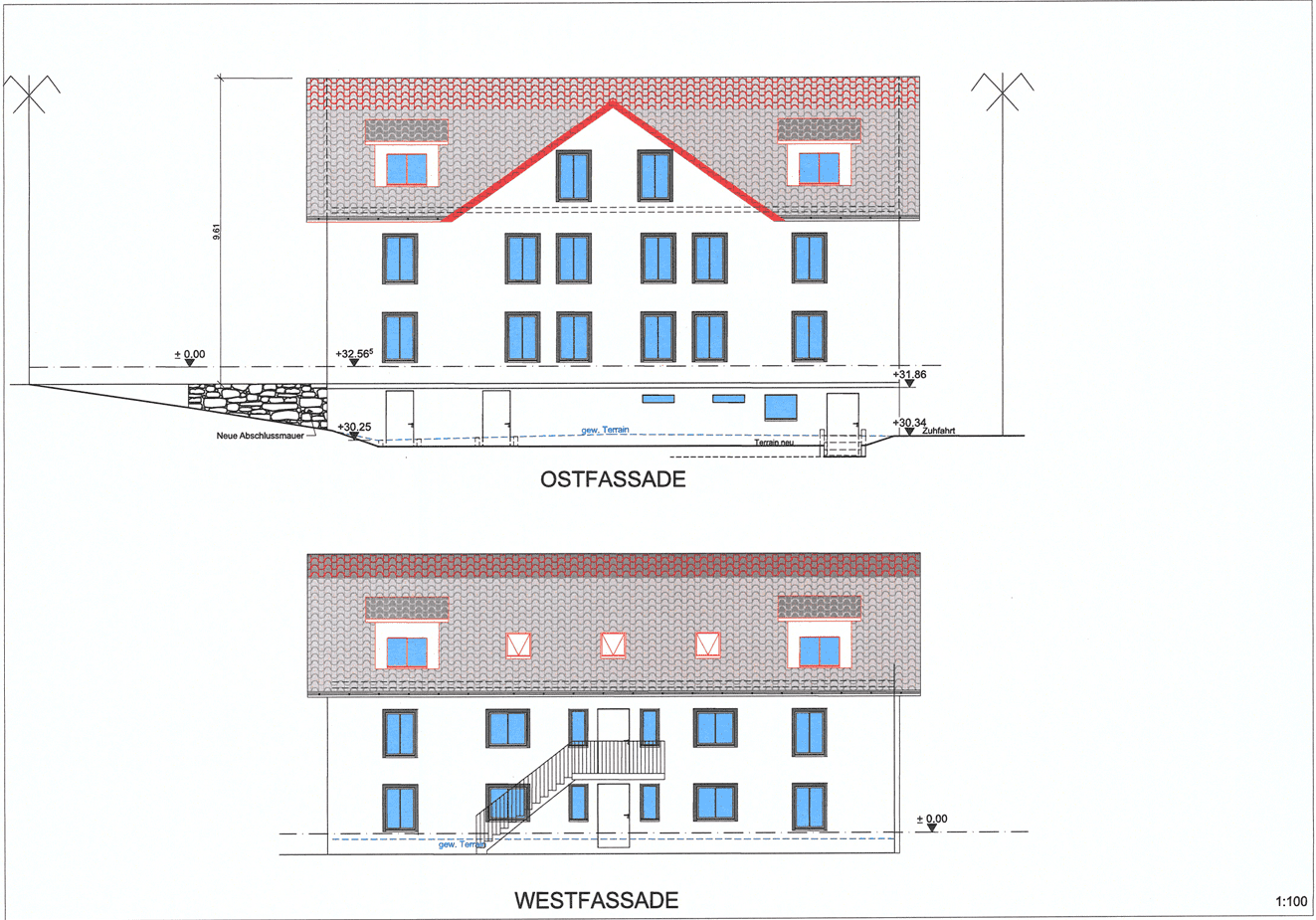 Plan mit der Ost- und Westfassade des MFH's in Hauptstrasse 66, 5736 Burg