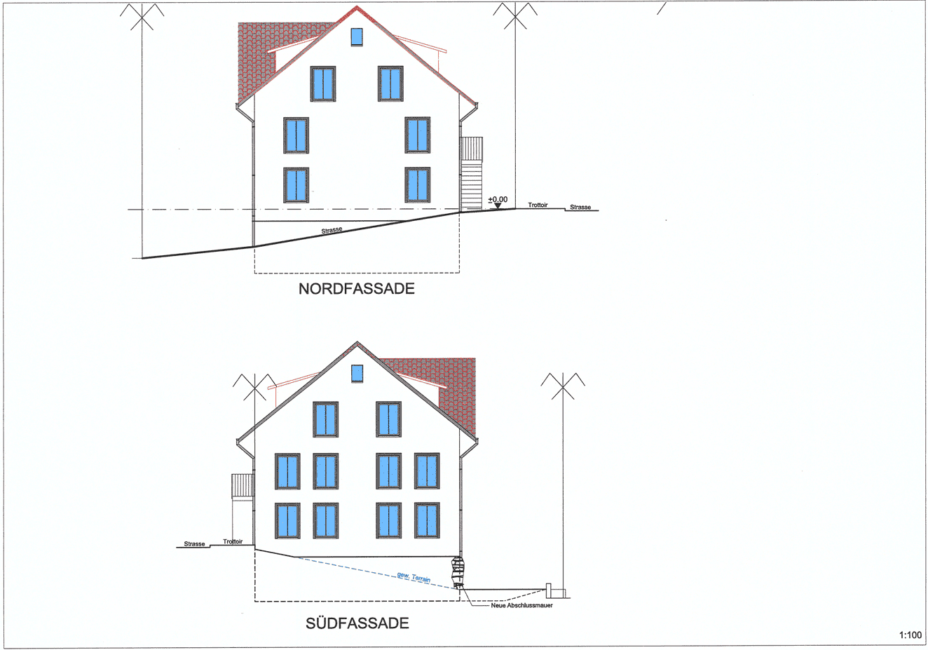 Plan mit der Nord- und Südfassade des MFH's in Hauptstrasse 66, 5736 Burg