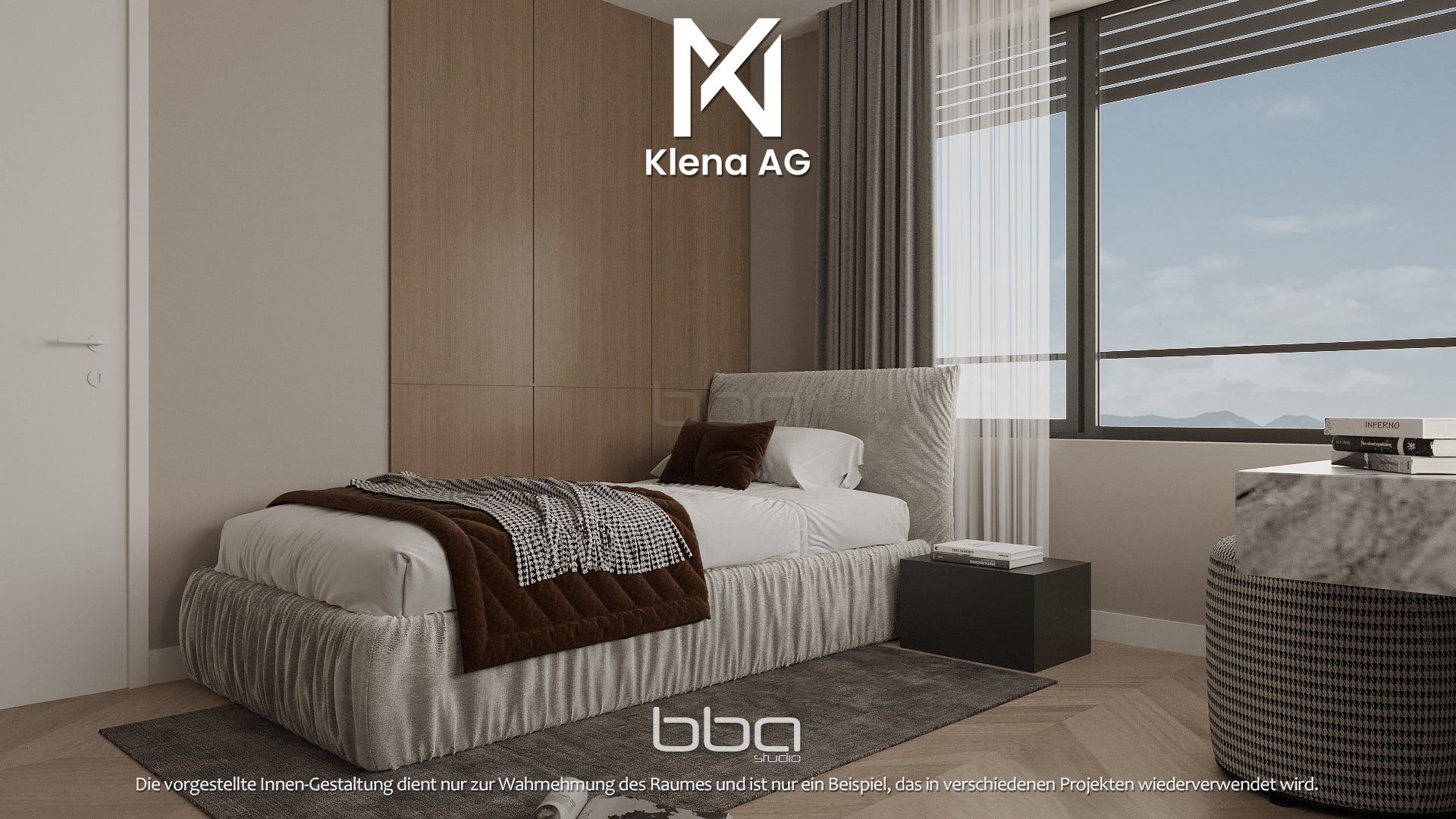 Visualisierung einer Innenansicht des Schlafzimmers der 4.5 Zimmer Wohnung