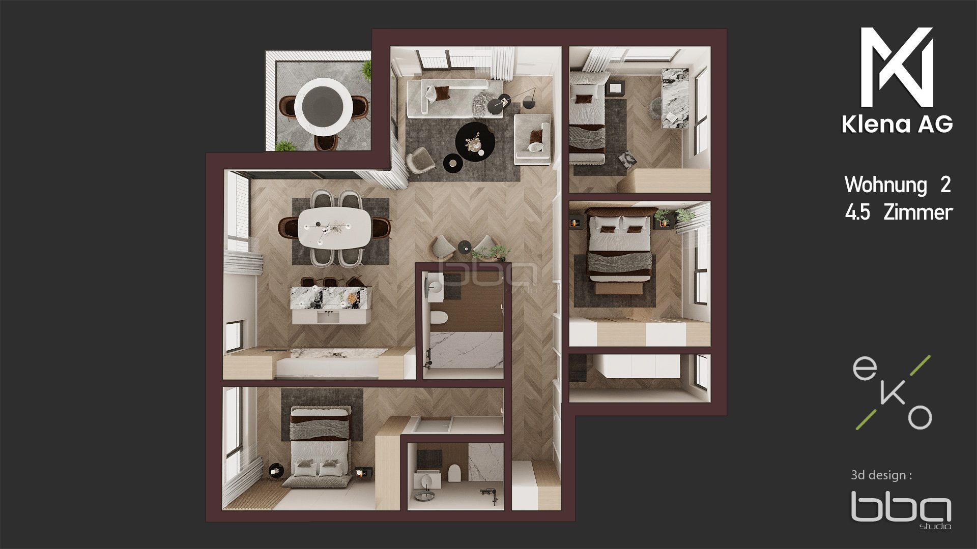 Visualisierung einer Innenansicht mit Vogelperspektive der 4.5 Zimmer Wohnung