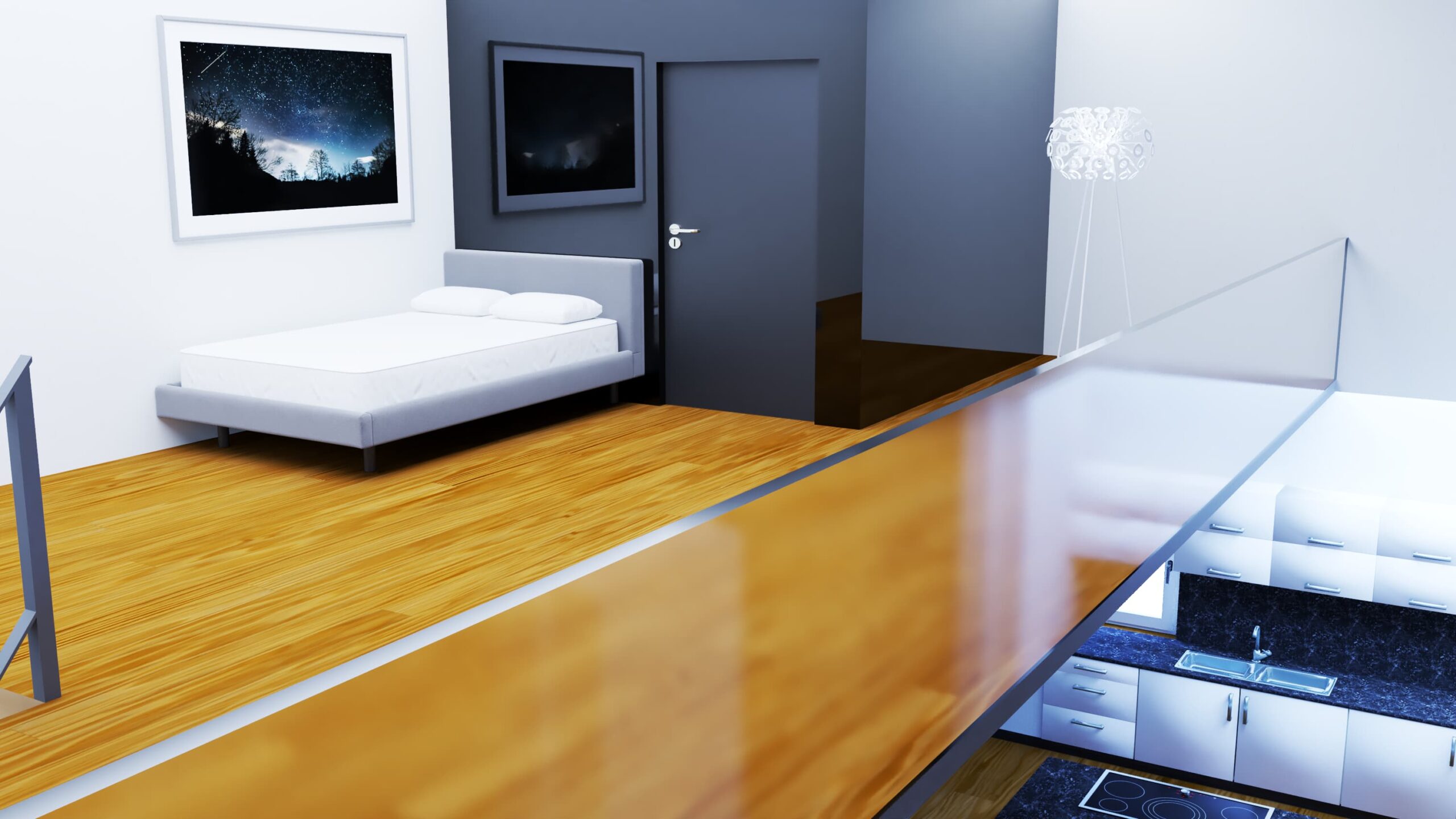 Visualisierung der 4.5 Zimmer Dachwohnung in Plattenstrasse 44, 5737 Menziken, Galerie und Küche