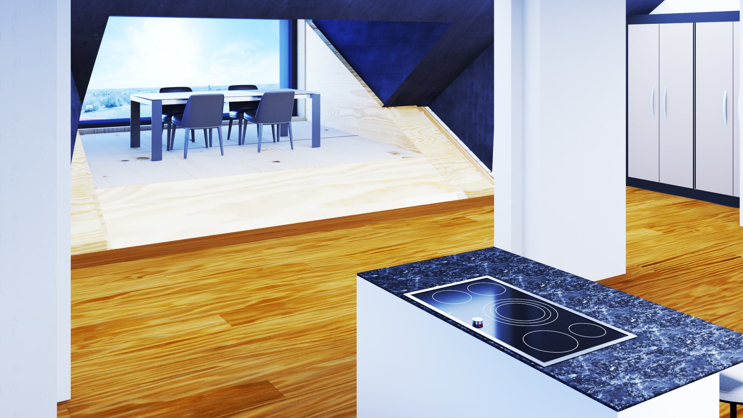 Visualisierung der 4.5 Zimmer Dachwohnung in Plattenstrasse 44, 5737 Menziken, Küche mit Kochinsel und Lukarne mit Ausblick