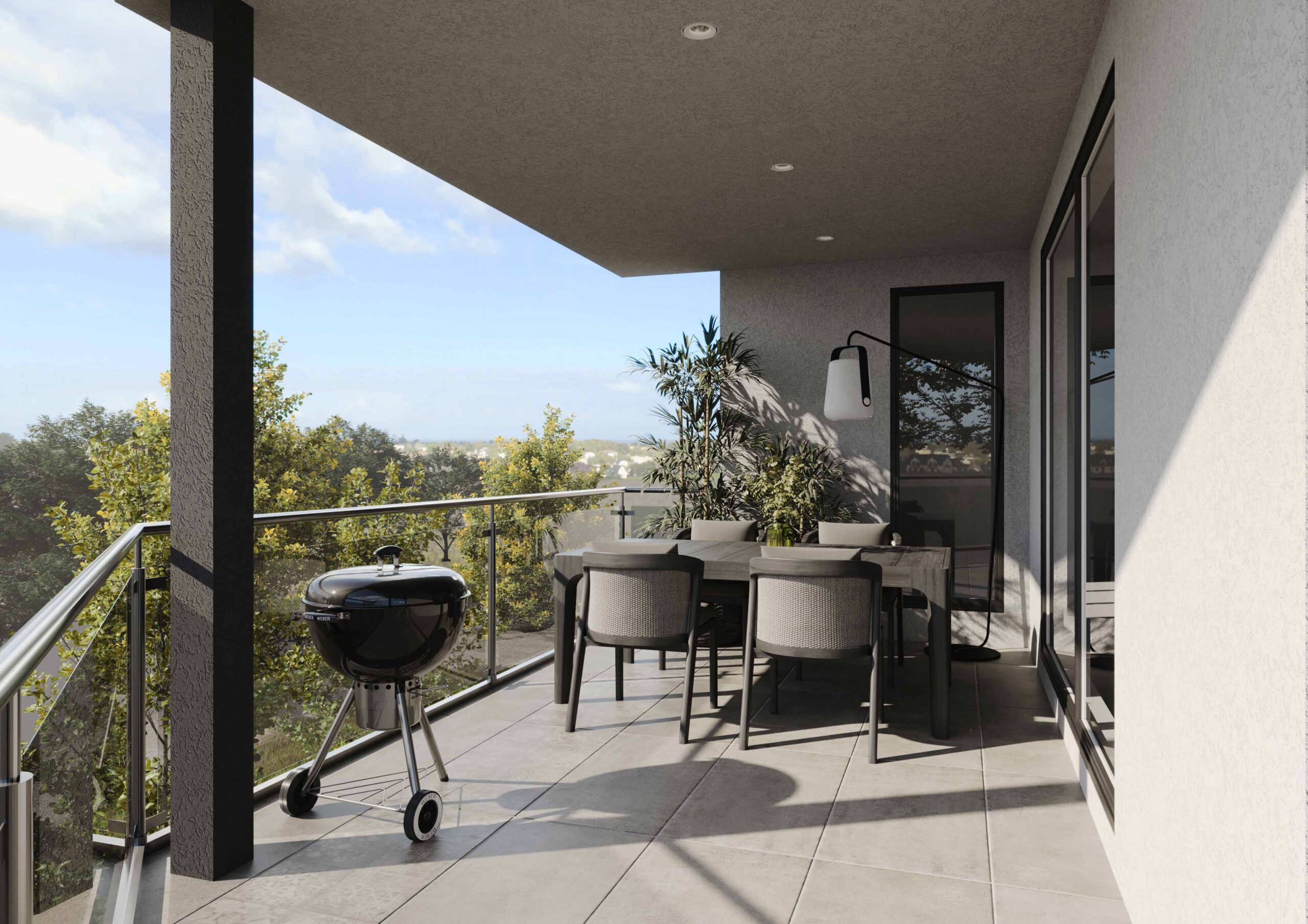 Visualisierung 4.5 Zimmer Wohnung in Gigerstrasse 8, 5734 Reinach, Balkon mit Grill und Aussicht