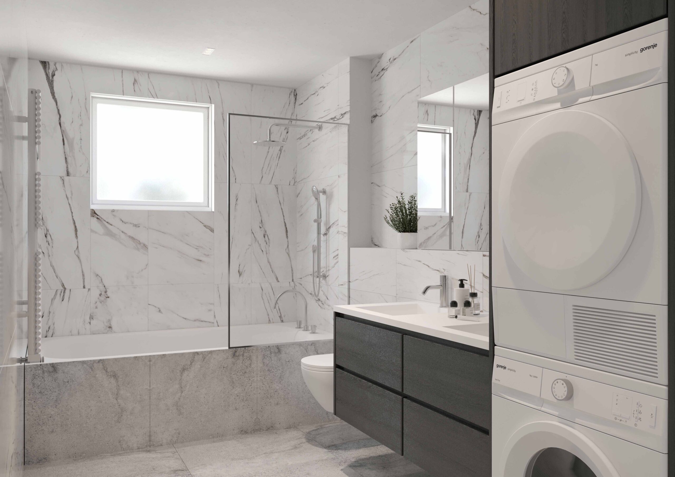 Visualisierung 4.5 Zimmer Wohnung in Gigerstrasse 8, 5734 Reinach, Badezimmer mit Waschmaschine und Tumbler, sowie WC und badewanne