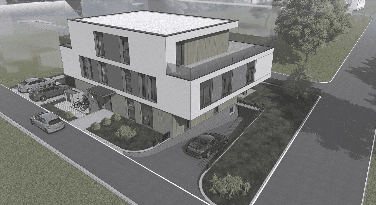 Neubau MFH Visualisierung Aussenansicht mit Umgebung